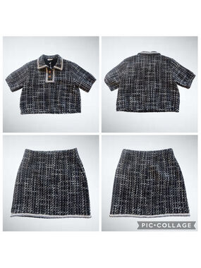 Easel Tweed Top and Mini Skirt Set in Black Size S
